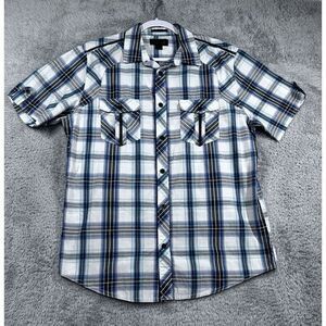 Helix Shirt Adult Large‎ Teal Plaid Button Up Braided Trim Short Tab Slv Pocket